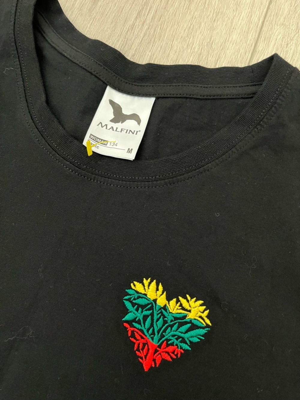 MALFINI Black Tee with Colorful Embroidered Heart